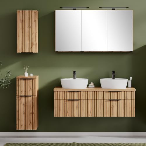 Lomadox Badmöbel Set 4-teilig inkl. Doppelwaschtisch 120cm in Eiche, Fronten gestreift | Aufsatzbecken weiß, Spiegelschrank mit LED