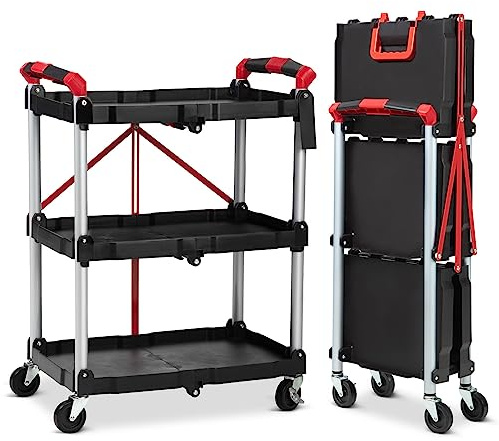 Towallmark Servierwagen klappbar, 3-stufiger tragbarer Wagen/Detaillierung Wagen/Putzwagen mit 2 feststellbaren Rädern, Verwendung für Zuhause/Gewerbe/Büro/Lager, Schwarz, 75KG Tragfähigkeit
