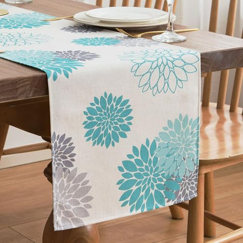 Tischläufer Modern Wohnzimmer Tischläufer Frühling Sommer Polyester Tischläufer Blaugrün Grau Dahlie Blumen Pflanzen Tischläufer Boho Vintage Dekoration für Esstisch Drinnen und Draußen 33x183cm