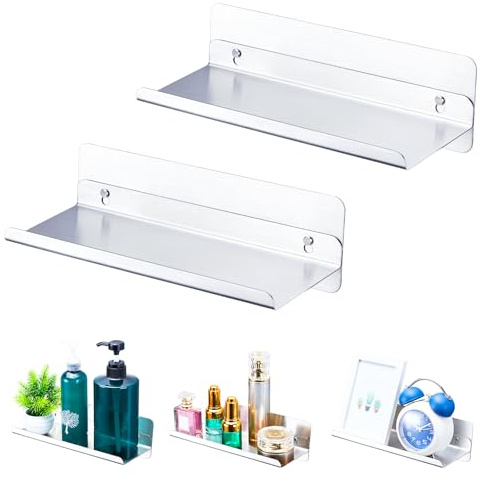 GGQ Wandregal Ohne Bohren,Badablage Ohne Bohren, Ablage Kleben Oder Bohren, Klein Wandregal Metall, Schweberegal, Bilderregal, Wand Regal für Bad, Schlafzimmer, Wohnzimmer, Küche (Silber, 2 Stück)
