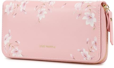 Pomelo Best Geldbörse Damen groß im Langformat Blumen Prägung Reißverschluss Portemonnaie mit RFID-Blockierung und vielen Fächern Rosa
