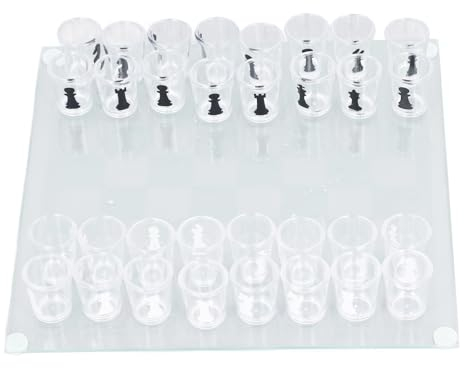 Mrisata Schnapsglas-Schachspiel-Set, Schachbrett mit Schnapsglas-Schachfiguren, Klares Glas und Milchglas, Schach-Trinkspiel, Trinkspielbrett, Schachpokal-Spielset Party