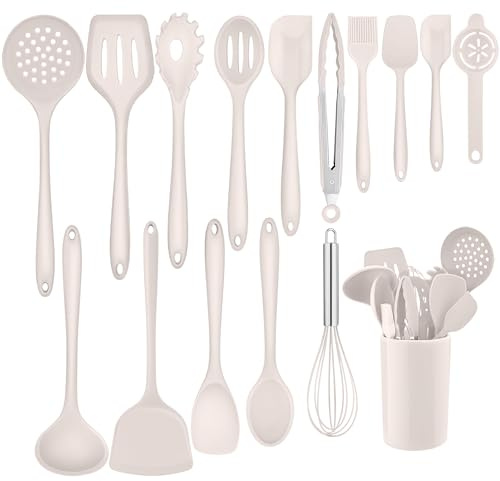 Homikit Silikon Küchenhelfer Set, 16 Stück Khaki Küchenutensilien | Hitzebeständiger Kochutensilien Set mit Utensilienhalter, Kochbesteck zum Kochen, Gesund & Antihaft, Spülmaschinengeeignet