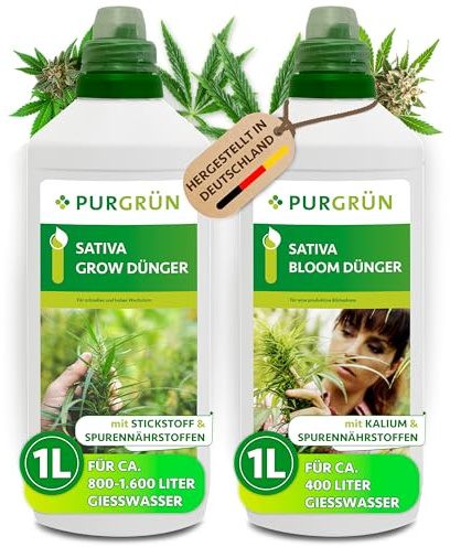 Purgrün® Sativa-Dünger-Set 2 x 1 Liter – Schnell wirksame mineralische Rezeptur – Vollspektrum-Nährstoffe für Wachstum & Blüte – Flüssigdünger Indoor & Outdoor – Hohes Wachstum & prächtige Blüten