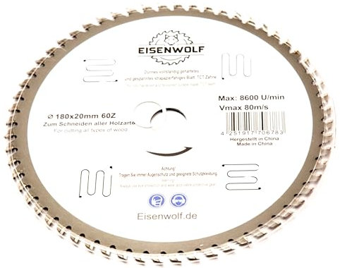 Lama per sega circolare, 180 x 20 mm, per legno con 60 denti TCT inclinati e tagli laser per ridurre il rumore