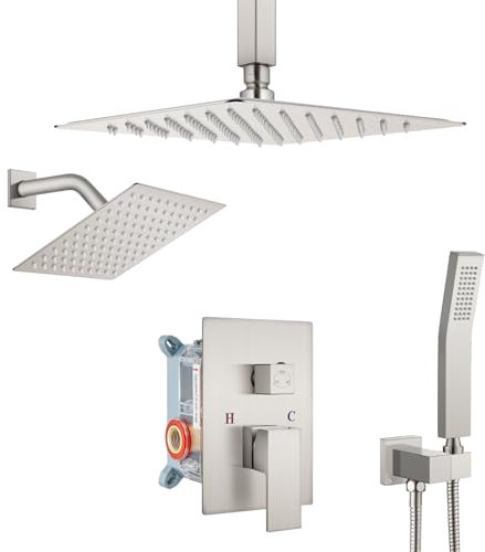 Aolemi Système de douche à montage au plafond avec pommeau de douche à effet pluie avec pulvérisateur à main, robinet de douche de luxe haute pression, nickel brossé, double pommeau de douche de 25,4