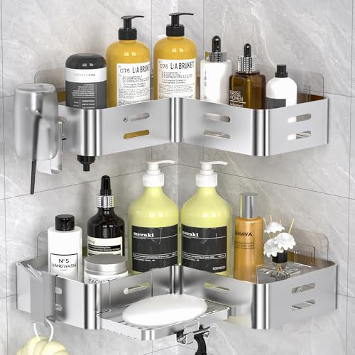 Daoun Corner Shower Caddy, No Drilling Bathroom Storage with Razor Holder, 2 Hooks, Organiser (Silver)