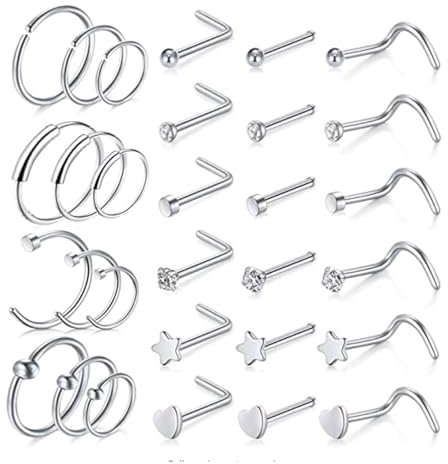 Tolldek 30pcs Edelstahl Nasenpiercing Stechen Set, Silber 20G Stud und Hoop Stern Nasenstecker, Piercing Tragus Stecker mit Zirkonia, Lippen Ohr Nasen Piercing für Frauen