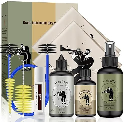Complete Trombone Care Kit - Includes Polishing,Valve Oil,2 Cleaning Cloths,Slide Grease,and Cleaning Brush