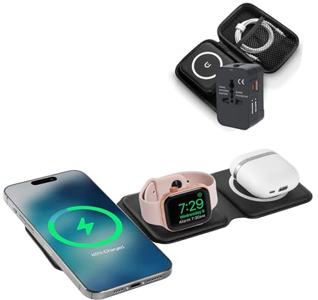 HH-Tech 3-in-1 Foldable Magnetic Wireless Charger Station with a International Travel Plug Adapter & Case, For iPhone 16/15/14/13/12, Watch 10/9/Ultra/8/7/6/SE/5/4, AirPods 4/3/2/Pro (Black)