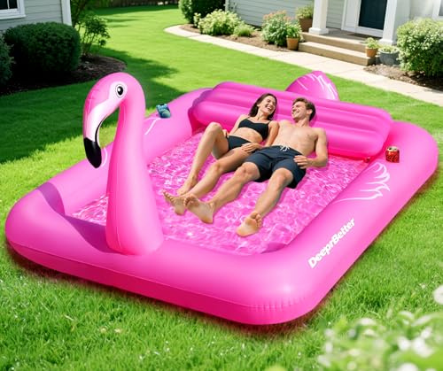 DeeprBetter Matelas Gonflable Piscine Flamant Rose, Bouee Piscine Adulte avec Oreiller & Porte-Boissons, 205 * 150CM Matelas Gonflable Bronzage Piscines, Geant Flamant Rose Piscines de Bronzage