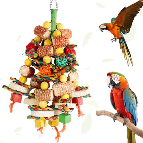 Jortmrd 16,5 Zoll Papageienspielzeug Bunt Vogelspielzeug Hängen Nymphensittich Spielzeug Vogel Papagei Kauen Spielzeug mit Maiskolben und Karambole Holz, für Alle Papageien & Vogel
