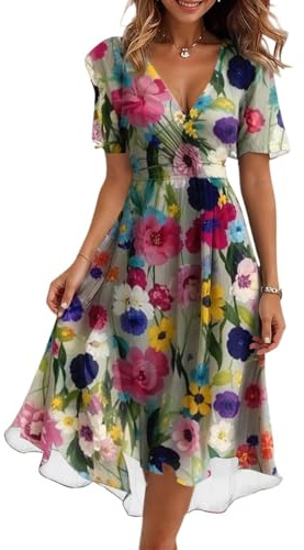 Kleider Damen Sommer Elegant Lang Chiffon Sommerkleid A-Linie Hohe Taille Abendkleid Boho Kleid Kurzarm Cocktailkleid Frauen Midi Casual Wickelkleid V-Ausschnitt Bindegürtel Strandkleid Party