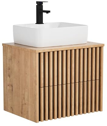 UEV Meuble Salle de Bain, Meuble Suspendu 60cm avec Vasque à Poser, Lavabo en Céramique, Deux Tiroirs avec Grand Espace de Rangement, Motif de Ligne, 60 x 45 x 50 cm, Naturel