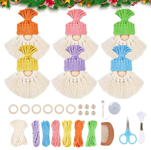 ComPDCVD 6 Set Macramè Fai Da Te per Gnomi Babbo Natale 6 colori Kit Macrame Natale per la Decorazione Dell'Albero decorazioni natalizie fai da te per decorazione domestica vacanze decorazione