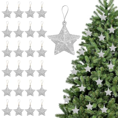 Stella Natale Albero, 24pcs Stelle Pendenti Natale, Decorazioni Stelle Pendenti, Addobbi per l'Albero di Natalia, Adatte per Natalia Appese ad Alberi di Natalino, Caminetti, Finestre(Argento)