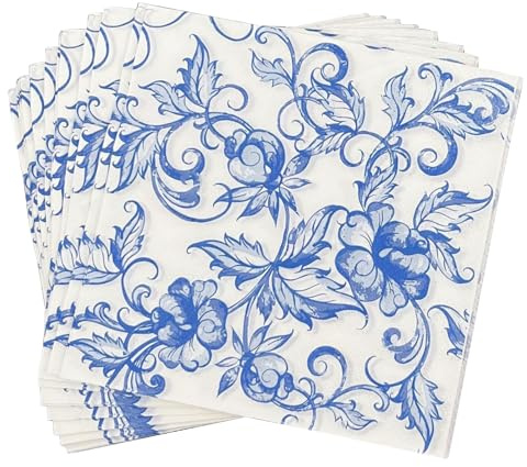 THXFUNAREA 20 Pezzi tovaglioli Carta Fiori Blu Tovaglioli per Decoupage Motivo Porcellana Blu-Bianco tovaglioli d'Arte Floreali per Compleanni docce Feste di Matrimonio