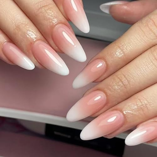 24 Stück Press on Nails Almond - Rosa Farbverlauf French Kunstnägel Fake Nails, Natürlich Nägel zum Aufkleben, Künstliche Nägel mit Nagelkleber, Full Cover Nägel Tip für Maniküre Nail Art (Rosa Ombre)