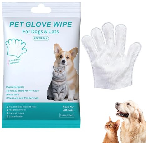 Finehenchi Pet Glove Wipes, Pet Cleaning Gloves for Dog and Cat, Wash Free Grooming Gloves for Fur Face, Ear, Eye, Paws, Bum, Thickened Gentle Cleaning Wipes for Daily Care & Travelling (6 Pcs)