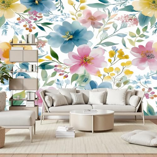 Gaqinhh Fleurs Champêtres Aquarelle Papier Peint Panoramique, Prairie Florale Plantes Papier Peint Intissé, Tapisserie Murale Cuisine Salle de Bain, Décoration Murale Chambre, 150 x 105 cm