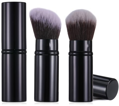 Retractable Blush Brush, 2 Pcs Portable Kabuki Foundation Brush Travel Size Makeup Brushes with Cover Professional Cosmetic Tool for Blush Bronzer Buffing Loose Powder (Black)