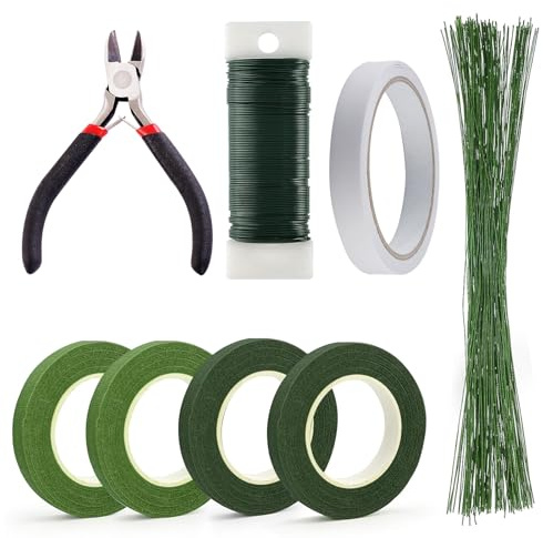 QHSXMQ 4 Rollen Floristenband 27m,100 Pcs Blumendraht Floristik Kreppband | Floristikdraht Grün Steckdraht,Draht-Schneider und Doppelseitigem Klebeband für Wrapping Blumensträuße Floralen Handwerken