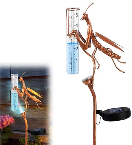 BORDEAG Solar Regenmesser für Garten mit Erdspieß und LED, Solarbetriebener Regenmesser, Dekorativer Niederschlagsmesser Frostsicher Glas, Wassermesser Regenmesser Garten für Rasen, Terrasse, Feldern