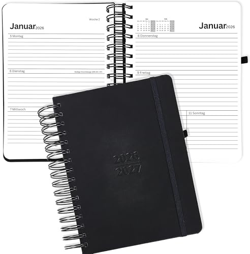 2 Jahre DIN A6 2026 2027 Terminplaner Kalender auf Deutsch, Terminkalender Wochen-Planer, Ausgaben Organizer, Agenda Wochenkalender Buchkalender mit Kunstleder-Hardcover Schwarz