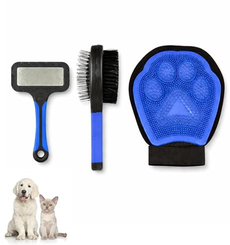 PARENCE. Kit de Toilettage pour Chien et Chat 3 Pièces – Brosse Double Face, Démêloir et Gant de Toilettage Silicone – Ensemble Soins Pelage