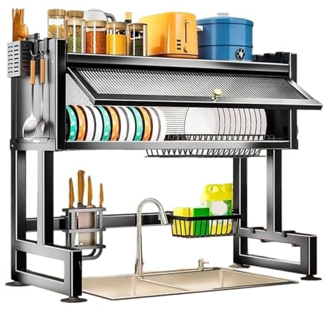 ShkitAelling Geschirrabtropfgestell über Spüle 85cm mit Abdeckung für Küche | Platzsparendes Spülbeckenregal Mit Abdeckung Inklusive Besteckhalter Haken Messerhalter