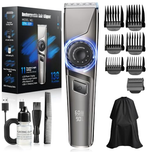 Hair Clippers Men, Professional Trimmer for Men, Cordless Clippers Hair Trimmer <65 dB Quiet, IPX6 Waterproof, USB-C, LED Display & 3 Speeds, Includes 6 Combs for Home Hair Cutting Kit, Gunmetal