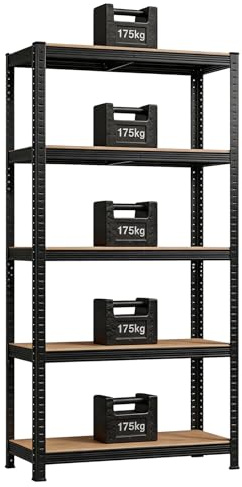 Sulwena Garage Shelving Units, 5-Tier Heavy Duty Steel Shelving Unit for Storage, Boltless Storage Racking Metal Shelves for Garage Shed Warehouse Workshop, 875kg Load Capacity, 70x30x150cm, Black