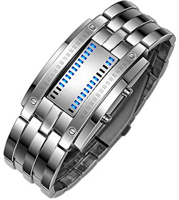 FeiWen Unisex Binär Digitale Silber Edelstahl Uhren Fashion Casual Stil Eckig Zifferblatt Blau LED Licht Einzigartig Armbanduhren Kalender Sportuhr, Herren