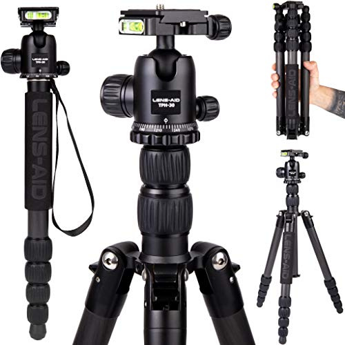 Lens-Aid Trípode de Viaje de Carbono Profesional con Cabezal de Bola – Ligero y Compacto, 4 en 1, Monopié, Trípode Macro para DSLR y sin Espejo