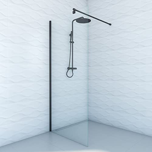 VBChome Walk In Duschwand 90 x 190 cm Schwarz Profil Duschtrennwand Glaswand mit Stabilisator Klarglas Gehärtetes Glas Elegant Modern Hohe Qualität