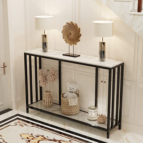FATIVO Konsolbord marmor entrébord vit hallbord 2 hyllor, 120 cm konsolbord med förvaringsutrymme smal modern halldekoration sidobord dekorativa bord svart metallram för vardagsrum 120 × 30 × 78 cm
