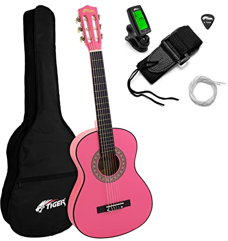 Tiger CLG4-PKTU Chitarra Classica Spagnola 3/4 – Ideale per Principianti e Bambini 9+ anni - Accordatore, Custodia, Plettro, Tracolla e Corde di Ricambio Inclusi – Rosa – Dimensione Tre Quarti