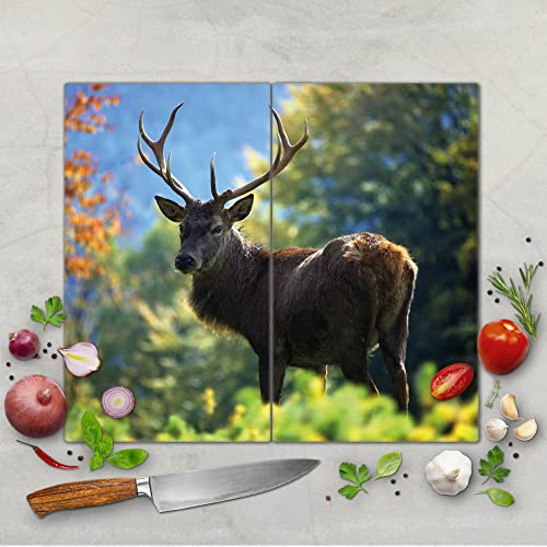 banjado Schneidebrett Glas mit Motiv Hirsch - großes zweiteiliges Glasschneidebrett rechteckig 2 x 30 cm x 52 cm - auch verwendbar als Schneidebrett Herdabdeckung