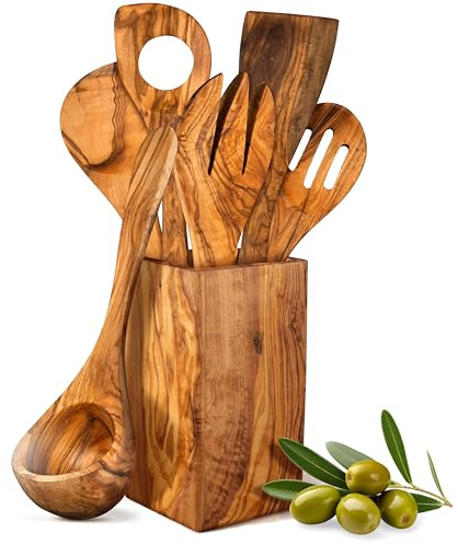 HORREA CAELIA - Set di 7 cucchiai, realizzato a mano in legno d'ulivo, spatola, mestolo, mestolo, cucchiaio, forchetta da insalata, cucchiaio, spatola con contenitore in legno d'ulivo, sostenibile