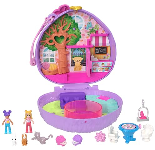Polly Pocket Igel-Café Schatulle - Spielset mit 2 Puppen, 12 Accessoires und 9 Tieren, drehendes Igel-Rad, aufhängbarer Vogelkäfig und versteckte Snacks, für Kinder ab 4 Jahren, HRD37