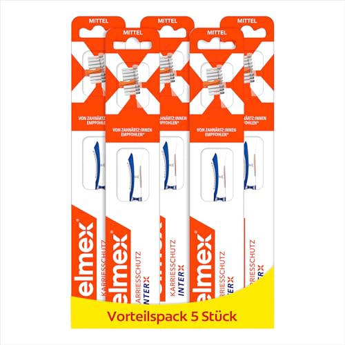 elmex Zahnbürste Kariesschutz InterX Mittel, 1 Stück – X-Borsten für eine besonders gründliche Zahnreinigung – mit Kurzkopf für schwer erreichbare Backenzähne (Packung mit 5)