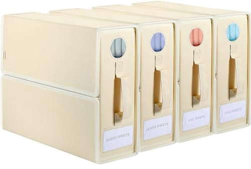 Voova 4 Pack Foldable Bed Sheet Organiser Storage, Folding Bedding Organizer Box with Clear Window and Zip for Sheets, Duvet Covers, Blankets, Pillows, Clothes and Towels(Queen & King Size), Apricot
