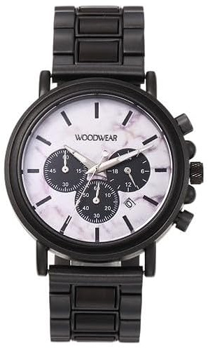 Woodwear Herrenholzarmbanduhr Chronograph-Armbanduhr mit schwarzem Edelstahlgehäuse und weißem Zifferblatt Modell Naturzeit | Holzoptik Uhr Schwarz | Designer Herrenuhr