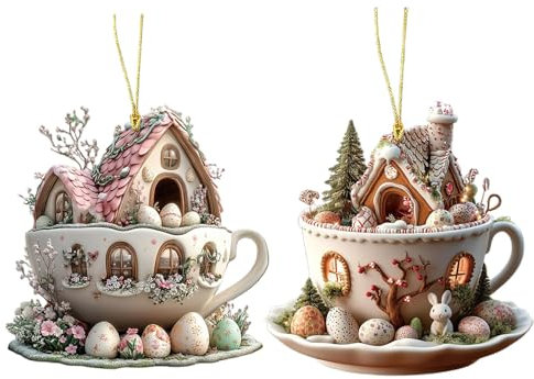 Acryl Anhänger Osterhase, Kaffeetassenhaus-Osterei-Hängedekoration, Ornamente Osterdeko Zum Aufhängen, Ornamente Für Baumschmuck, 2D-Acryl-Flache Hängende Dekoration, Hase Hängedeko Türdeko Easter