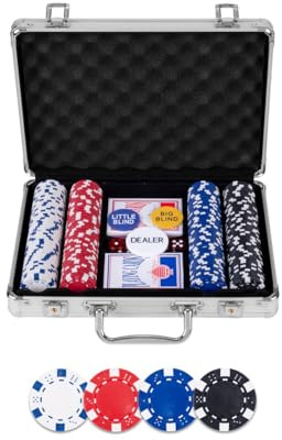 Engelhart – 320905 – Pokerset i silverfärgad metallväska, 200 marker 11,5 g utan nummer, 2 kortlekar, 3 dealerknappar, 5 tärningar