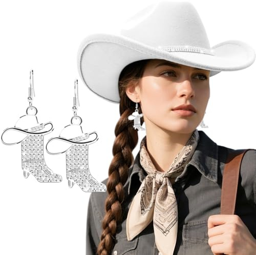 DRESHOW Cappello da Cowgirl Donna Classico Stivali Orecchini Set Classico con Scintillante Cintura di Strass Cappelli da Cowboy Occidentale
