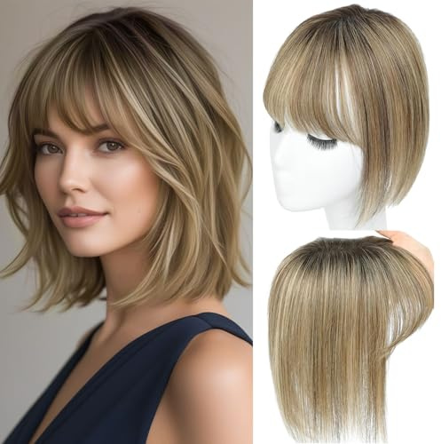 Postiche pour femme avec frange en cheveux humains naturels cousus à la main à 360°, couverture 3D, pour cheveux clairsemés, postiches pour femme (mélange de brun moyen blond avec racine brun foncé)