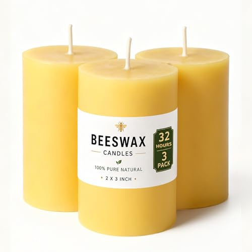 TRIRITE 32 Hour Pure Beeswax Candles,3 Pack Yellow Pillar Candle,5x7cm | Paraffin-free Natural Bees Wax,Clean Burn,Subtle Honey Scent,Cotton Wicks, Smokeless for Home Emergency