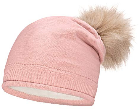 Neverless® außergewöhnliche Damen Strickmütze mit Fell-Bommel, Strick-Beanie rosa