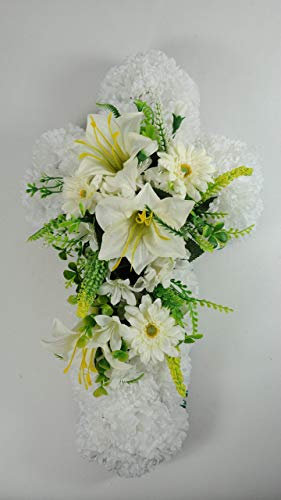 Funeral Tribute Cross in artificial carnations with lily spray